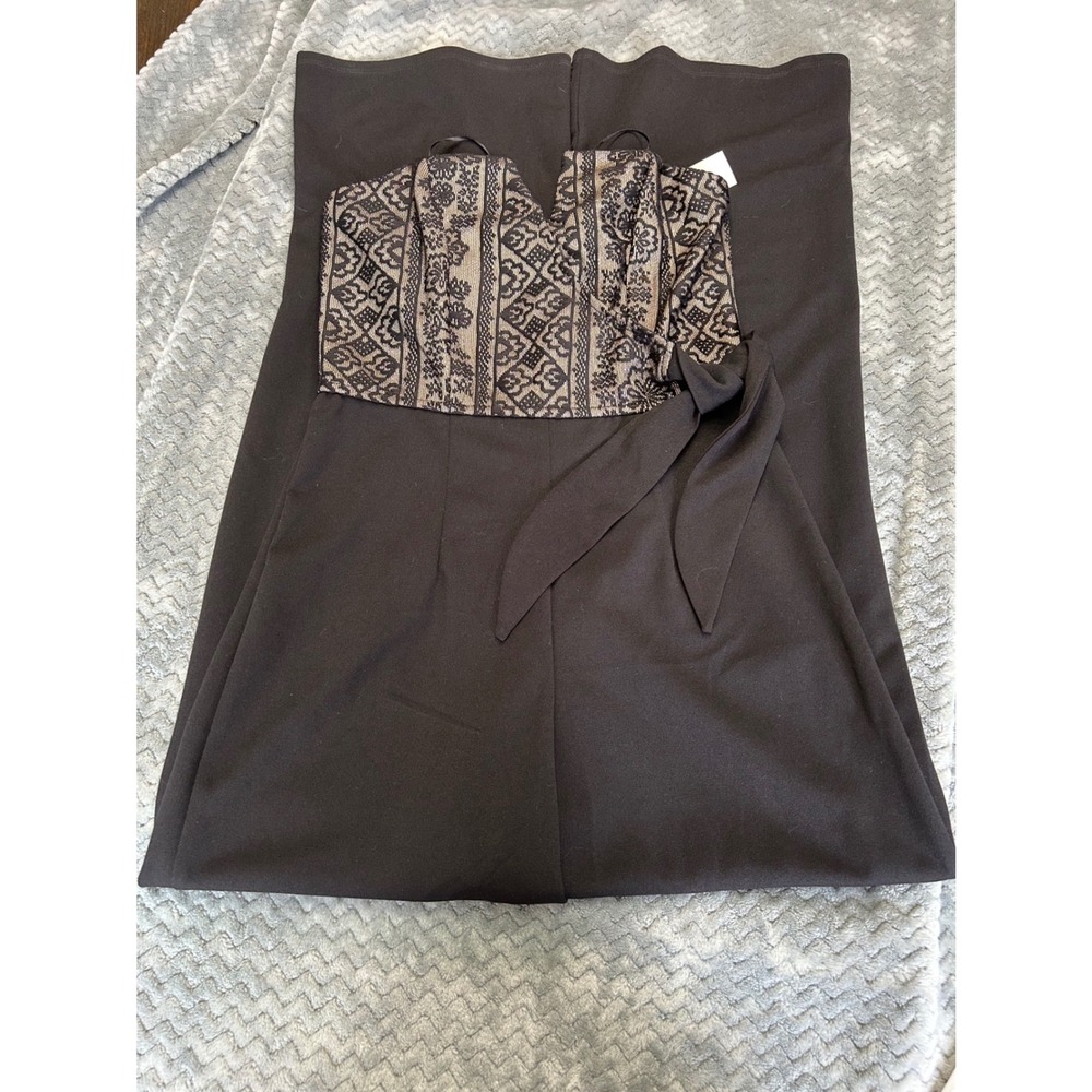 Women Black Wide Leg Jumpsuit Strapless Lace Bodice Side Tie Waist Formal Romper